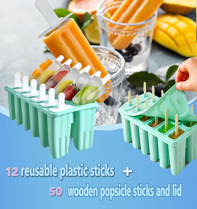 Wpunwen Silicone Popsicle Molds with Sticks 12 cavity Ice Popsicle MoldsIce Cream Mold with Clean Brush 12 Reusable Sticks 50 Sticks 50 Bags Green - Image 2